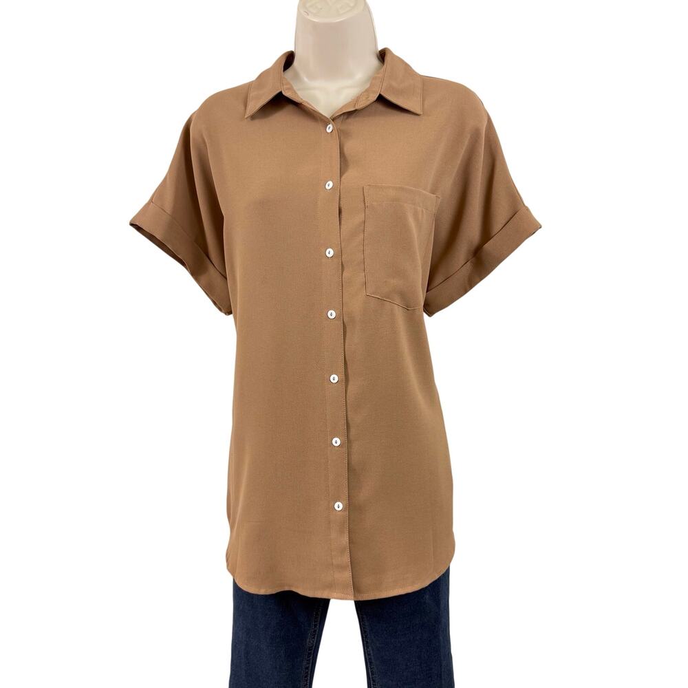 Beautife Tan Short Sleeve Button Front Blouse - Picture 4 of 16